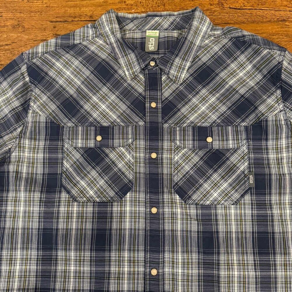 Stio Hayden Blue Plaid Performance Western Pearl Snap Button Up Shirt Men's 2XL